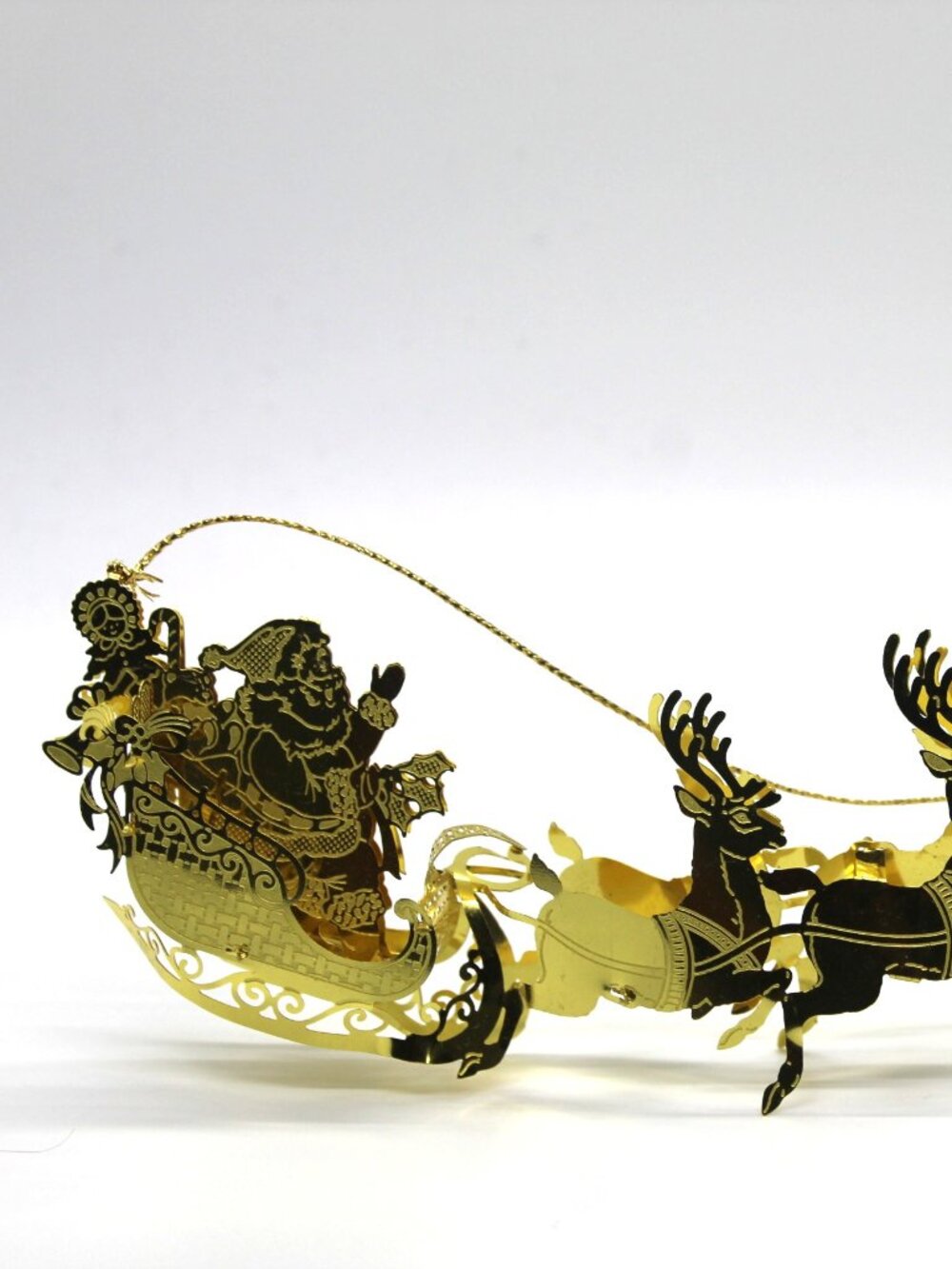 Gold Plated Brass Filigree Metal Santa Sleigh Reindeer Christmas Ornament 7.5"